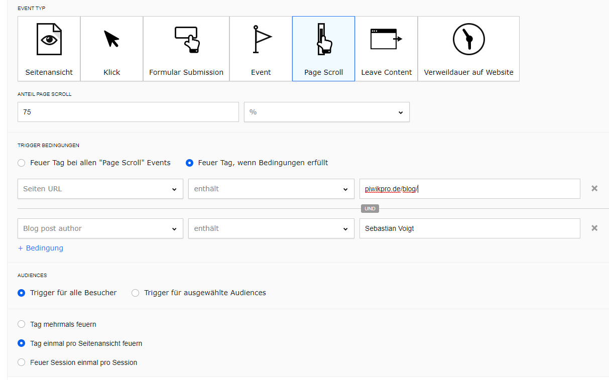 Piwik PRO Page Scroll COnditions Screenshot